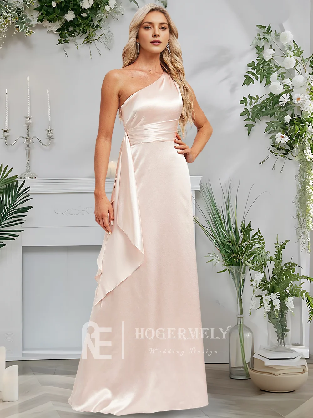 B Blushing Pink A-Line Un hombro Hasta el suelo Vestidos de dama de honor de satén elástico con volantes Sin mangas Invitado de boda