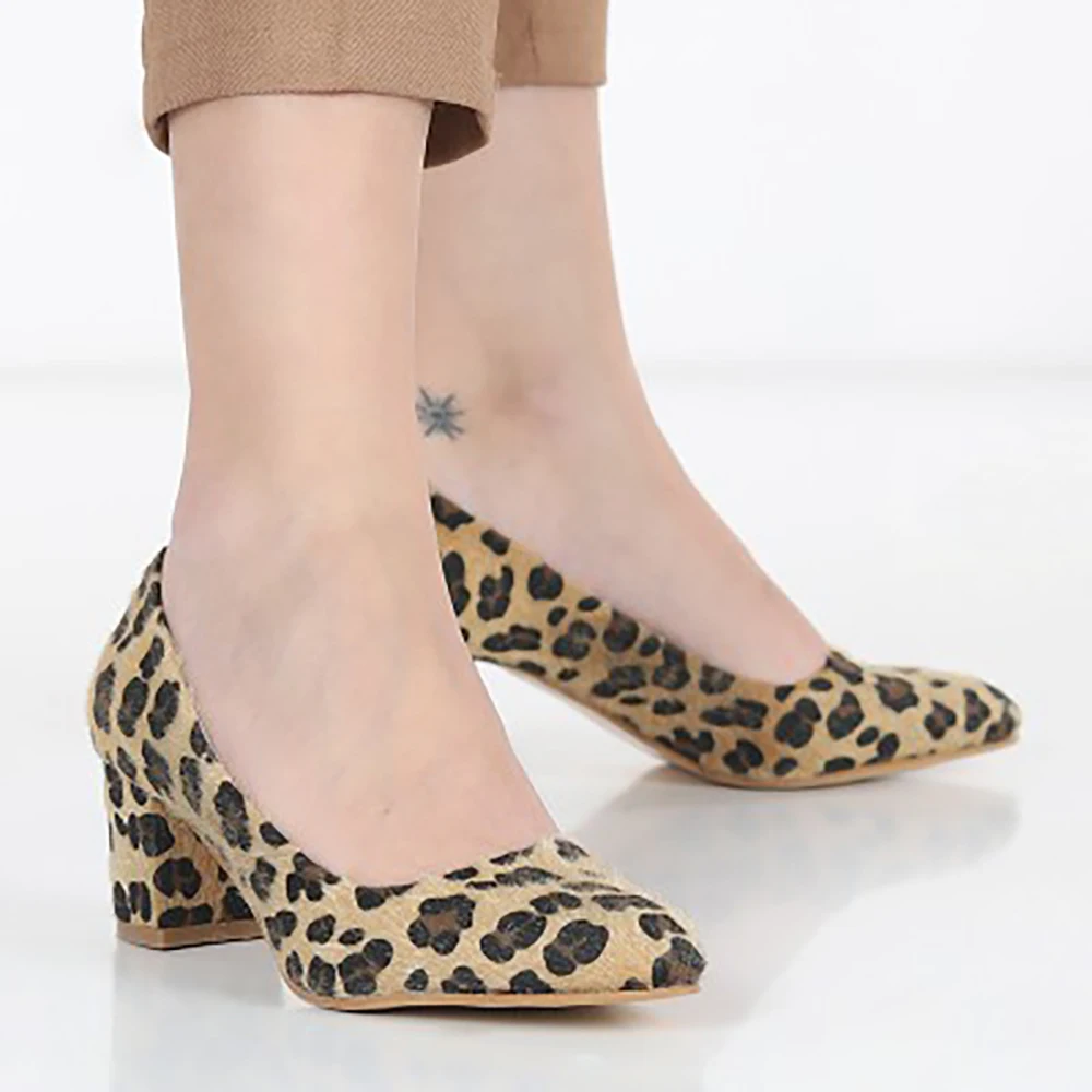 Zapatos de leopardo con punta cerrada para mujer, Sandalias de tacón bajo, gruesas, 2023