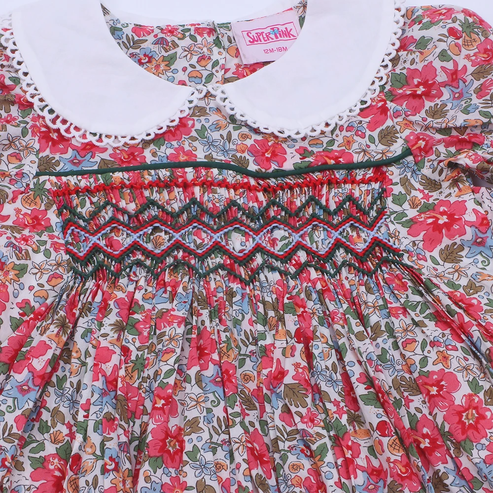 2024 Hand Smock Exquisite Summer Cotton Red Flower Short Sleeved White Doll Lape Neck Dress Girl Skirt Bow Binding Clothes