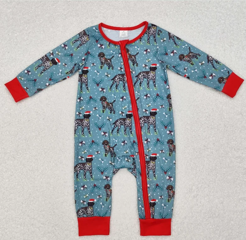 

Cute Newborn Boys Dog Holly Print Jumpsuits Brothers Christmas Bamboo Sleepy Rompers