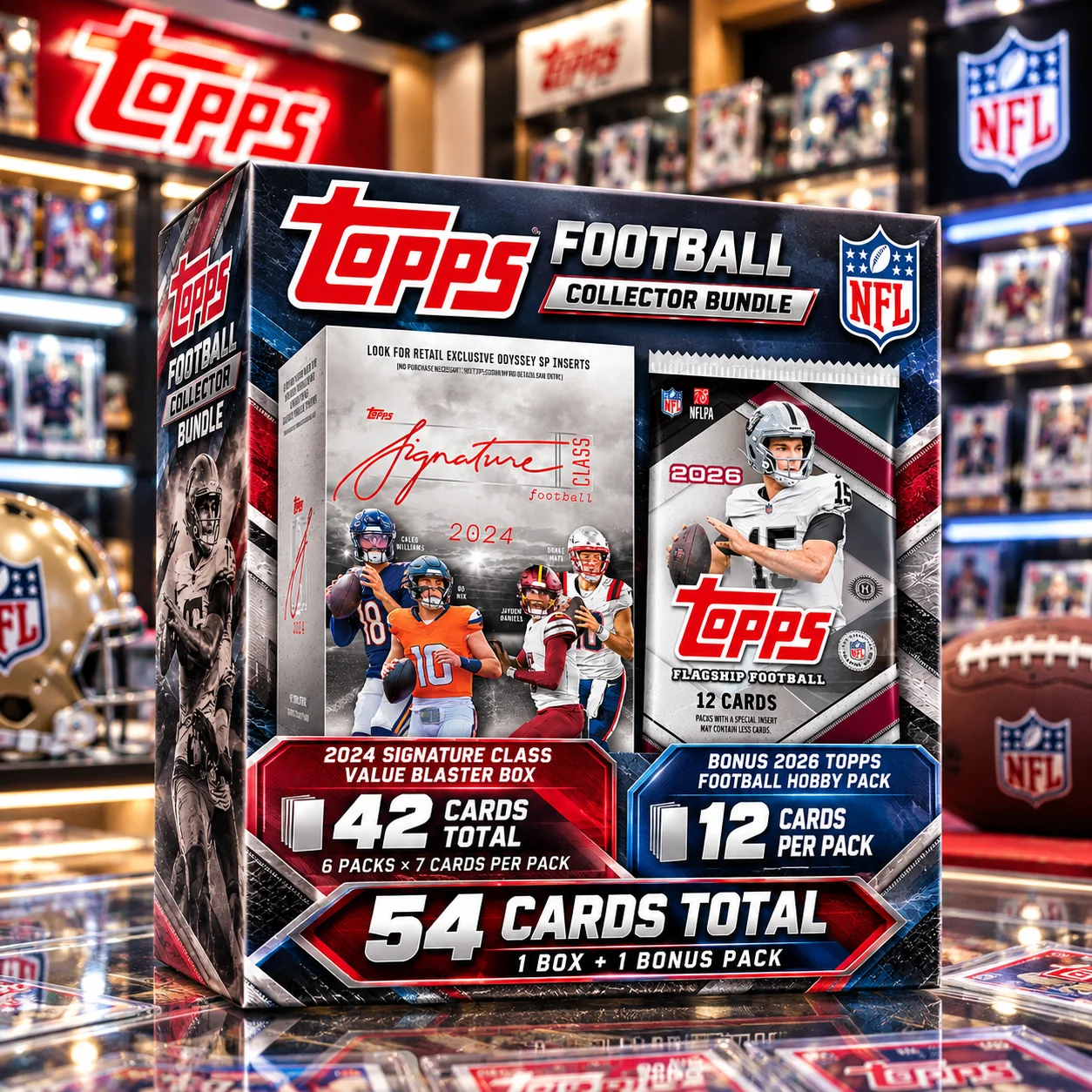 54 Cards Topps Football 2-Piece Bundle – 2024 Signature Class Value Blaster Box with 42 Cards, 6 Packs × 7 Cards + Bonus 2026 Topps Football Hobby Pack with 12 Cards, Factory Sealed Sports Trading Card Collection for Collectors