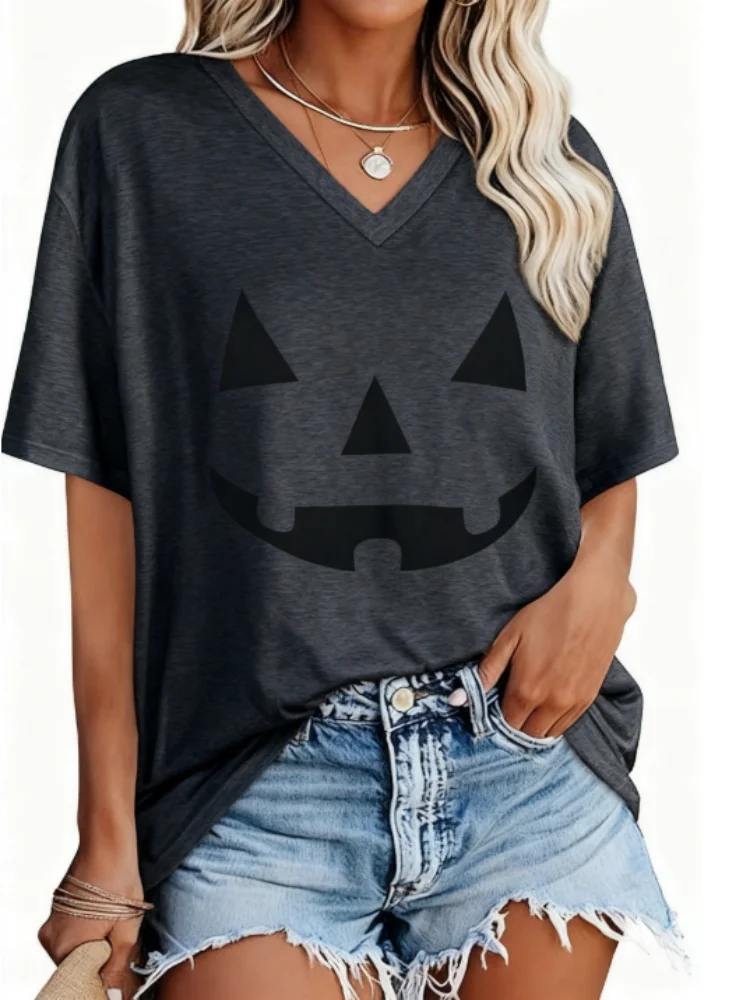 تيشيرتات كبيرة الحجم مصنوعة من القطن بنسبة 100% للنساء بياقة على شكل V وأكمام قصيرة وطبقة أساسية شتوية كاجوال فضفاضة