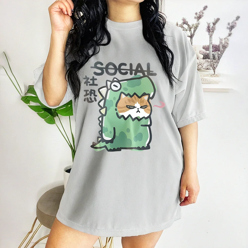 Cute Dinosaur Cat Graphic Short Sleeve T-shirts Women Men Casual Summer O-Neck Tshirt Harajuku Streetwear Oversized Tops