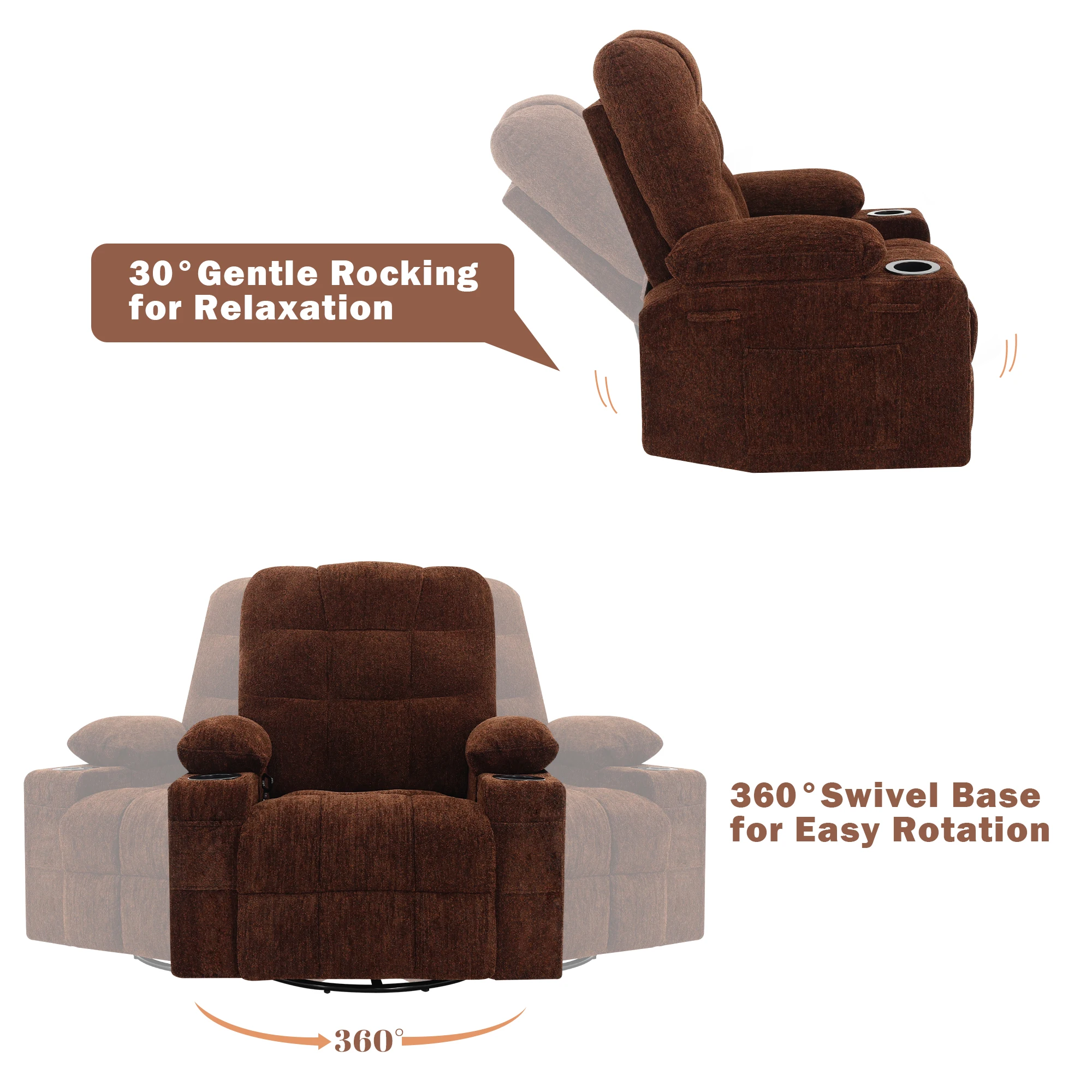 Comfortable Chenille Upholstered Swivel Rocker Recliner Chair, Manual Recline Single Sofa Chair for Apartment Bedroom Small Living Space