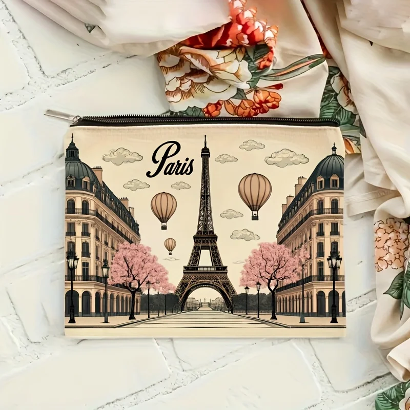 1Pc Paris Eiffel Tower Retro Design Makeup Bag, Snack Storage Bag, Stationery Storage Bag, Travel Bag, Canvas Double-Sided Printed Bag