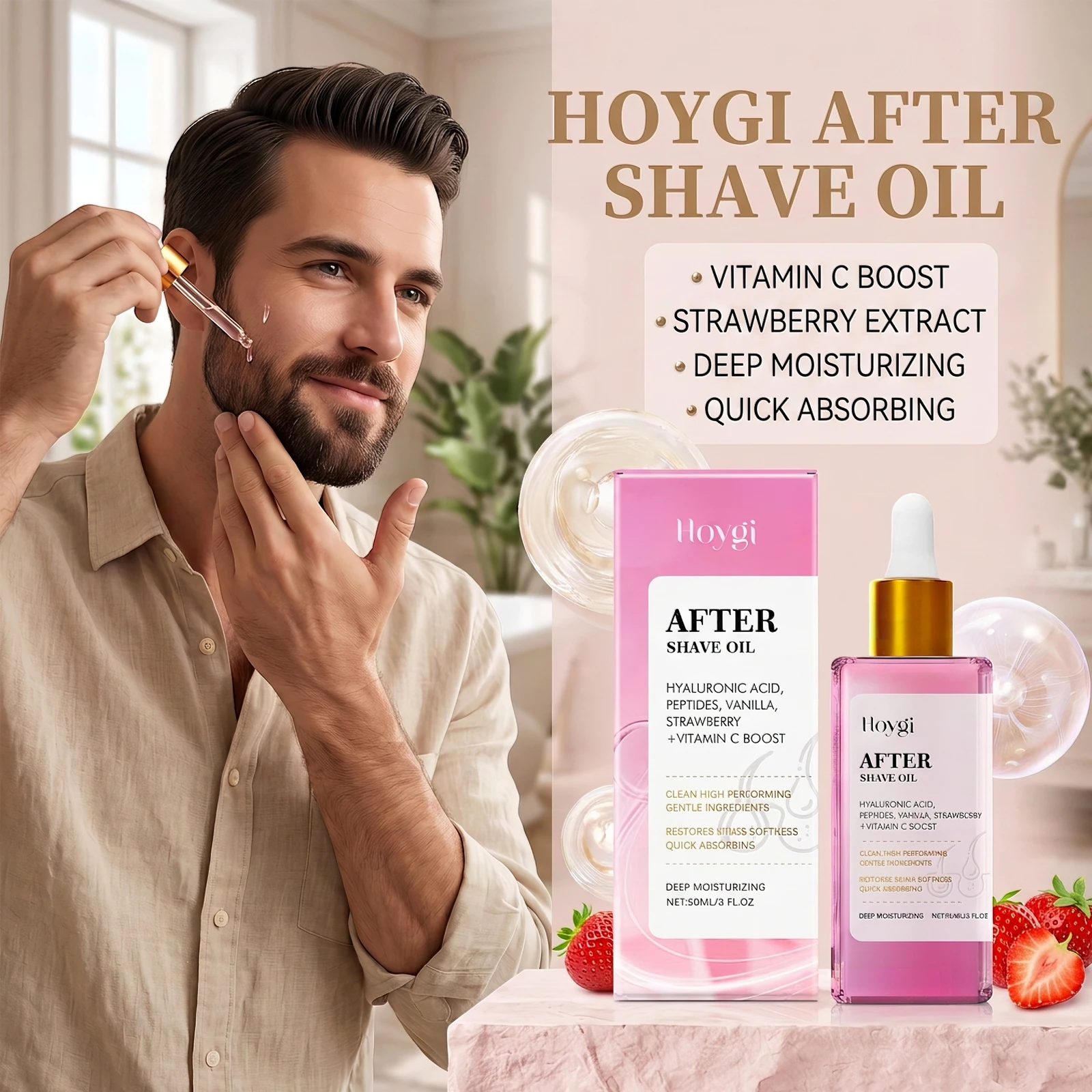 Hoygi Strawberry After Shave Oil Vitamin C Soothing Repair Gentle Moisturizing Nourishing Sensitive Skin Irritation Relief Hair Removal Body Care Serum Essence