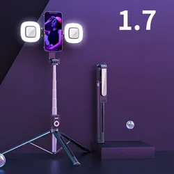 1.7M Extended Version Bluetooth Selfie Stick Double Fill Light Tripod with Remote Shutter for Android IOS Cell Phone