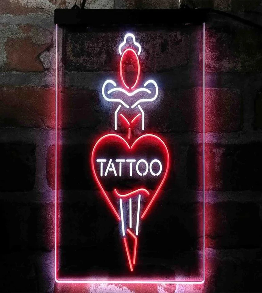 Custom Dual Color LED Neon Light Tattoo Sword Heart Man Cave Neon Sign Tattoo Wall Decor Tattoo Sword Heart Neon Light