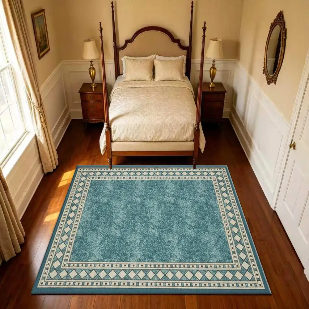 Modern Geometric Blue Carpet with Diamond-Shaped Grid Border, Non-Slip Washable Floor Mat for Living Room and Bedroom