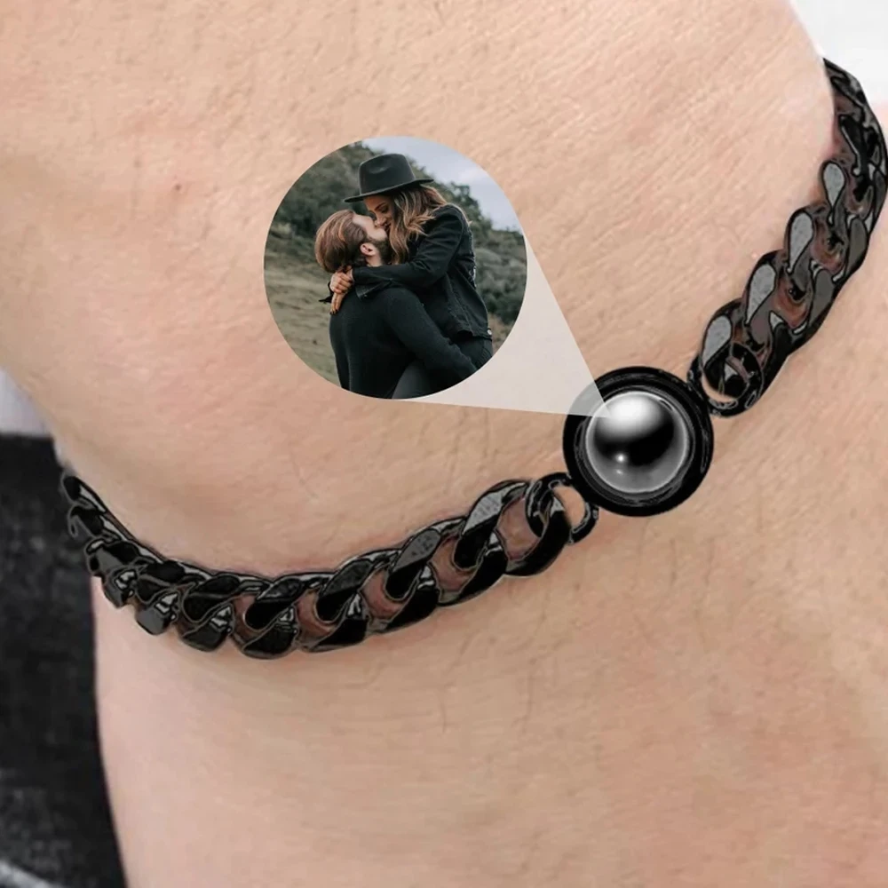 Custom Circle Pendant Projection Photo Bracelet With Couple Jewelry Memorial Gift For Him Personalized Cuban Chain Bracelet Men