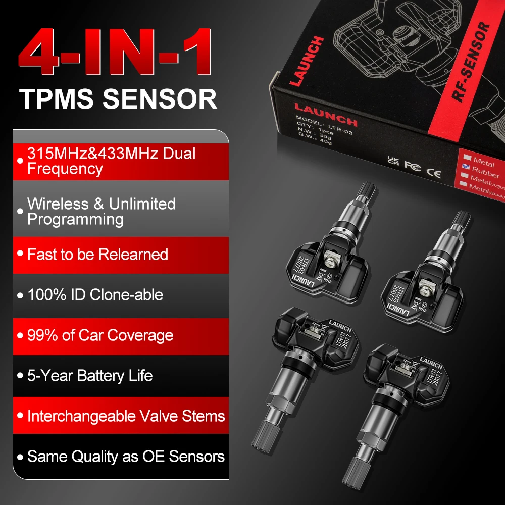 Launch TPMS Sensor Set of 4 RF Dual Frequency (315MHz + 433MHz) Press-in OE-Level Universal Programmable by LAUNCH TPMS Tools