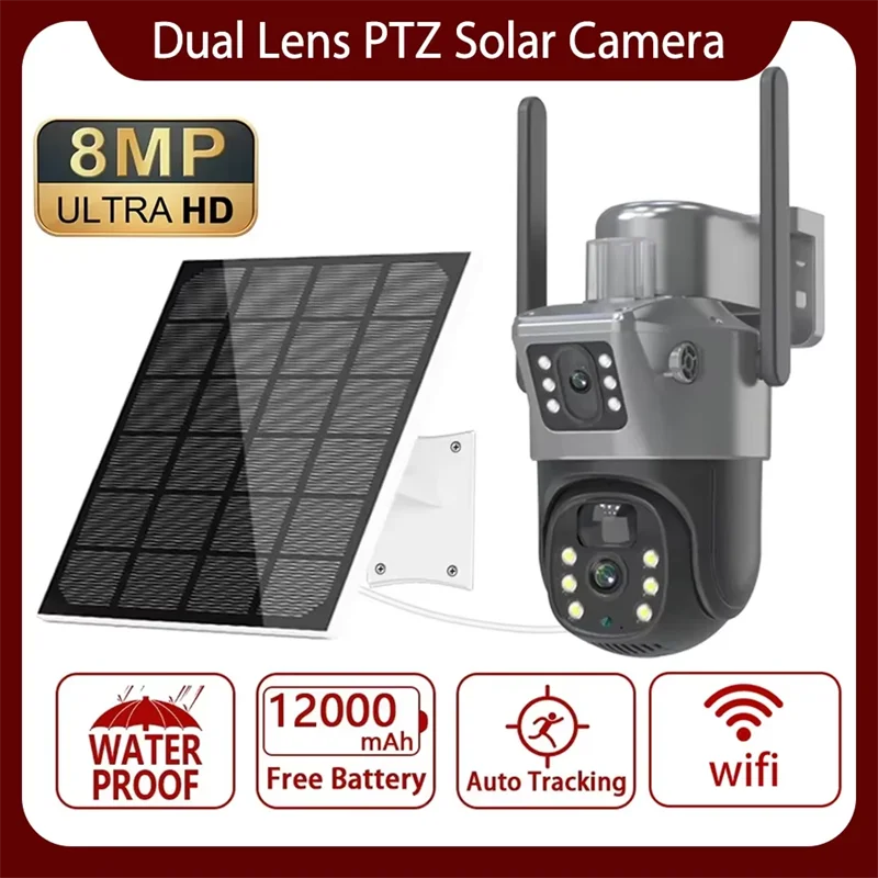 4K 8MP Dual Lens PTZ Solar Camera Dual screen PIR Human Tracking Outdoor WIFI Security CTV Surveillance IP Camera