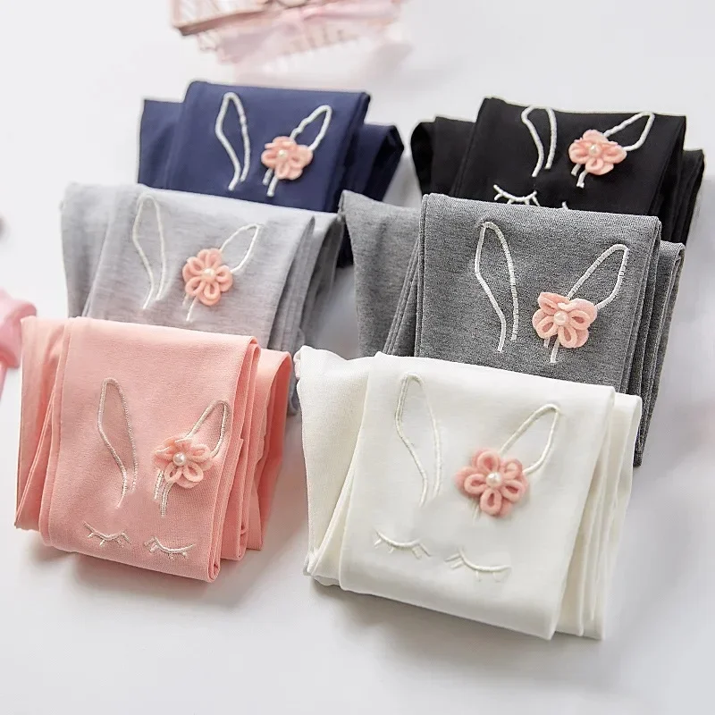 Leggings avec motif floral brodé lapin pour fille, pantalon pour enfant de 2 à 7 ans