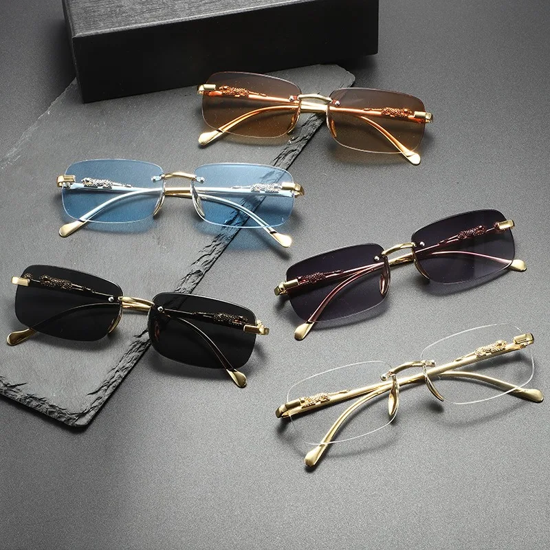 Mode Vintage Randlose Quadratische Sonnenbrille Frauen Männer Luxus Marke Designer Beliebte Reise Fahren Metall Leopard Kopf Sonnenbrille