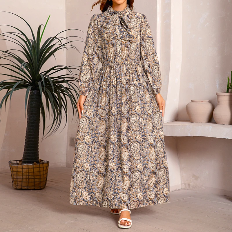 2026 Neues Retro-Kleid mit Cashew-Nuss-Print für Damen, Elegantes Europäisches Urlaubsoutfit, A-Linien-Maxirock für Dates – Detail 5
