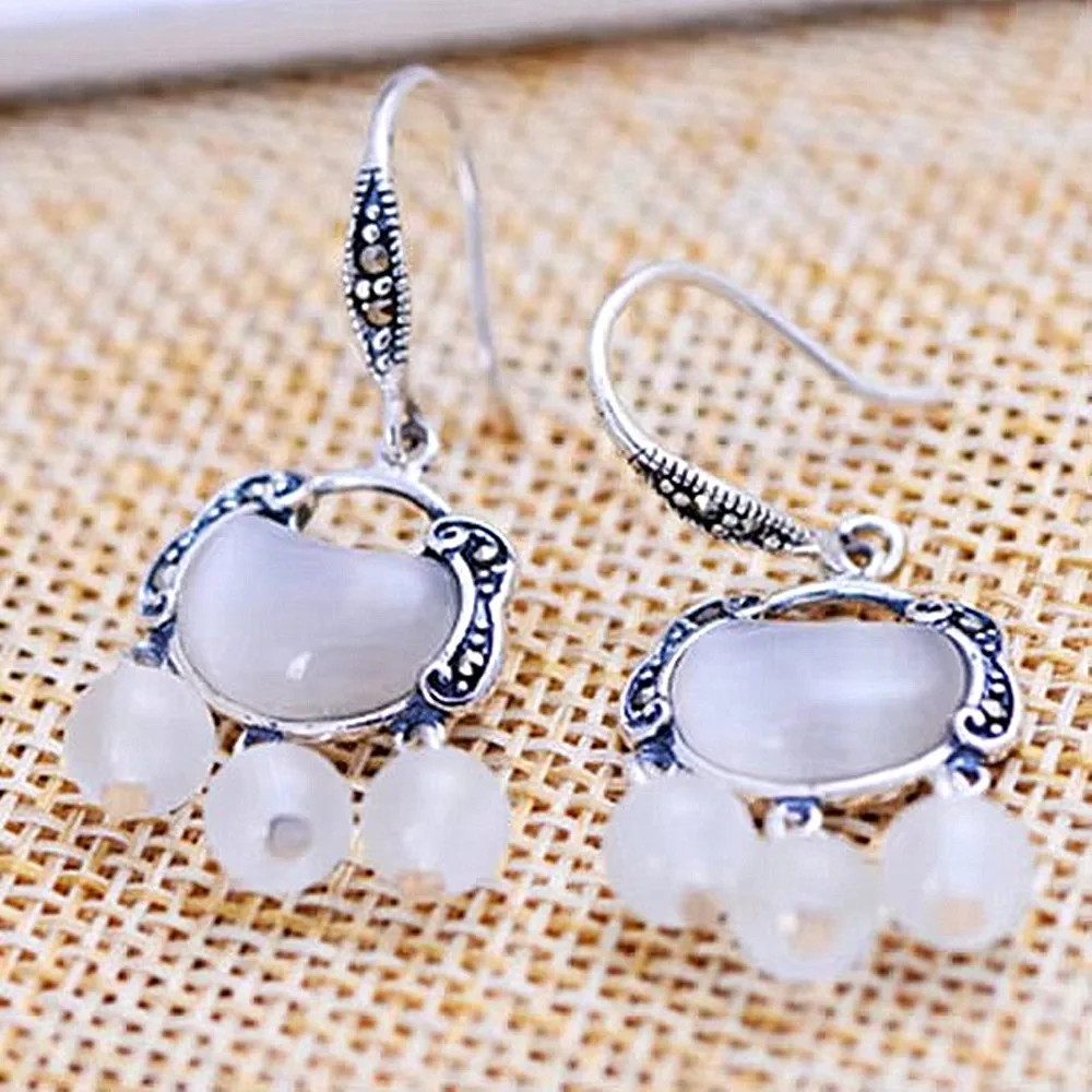 

KJJEAXCMY Jewelry 925 Pure Silver Inlaid with White Jade Marrow Women's Mosaic Tassel Earrings as a Birthday Gift for Girlfriend