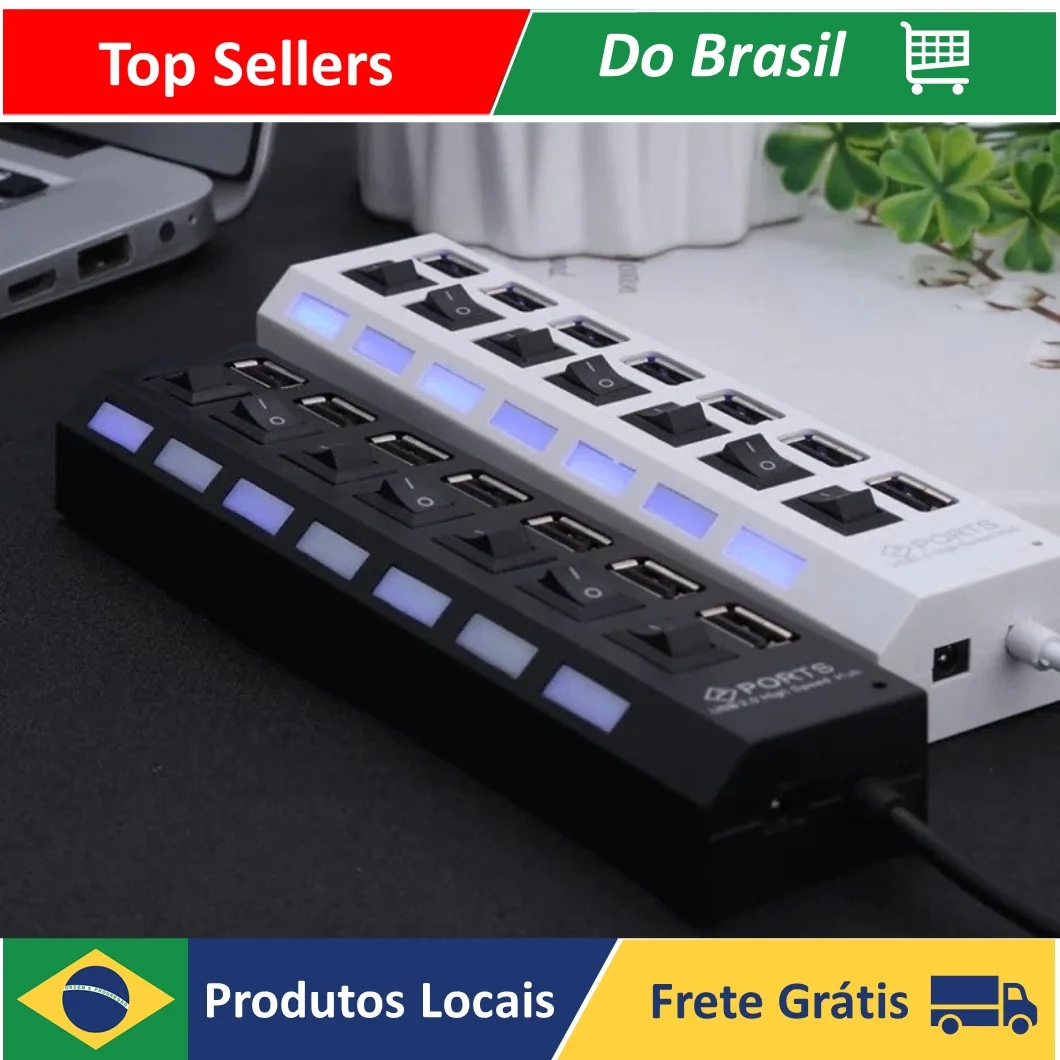 Hub Usb 7 Portas Preto C/ Chave Seletora On/off