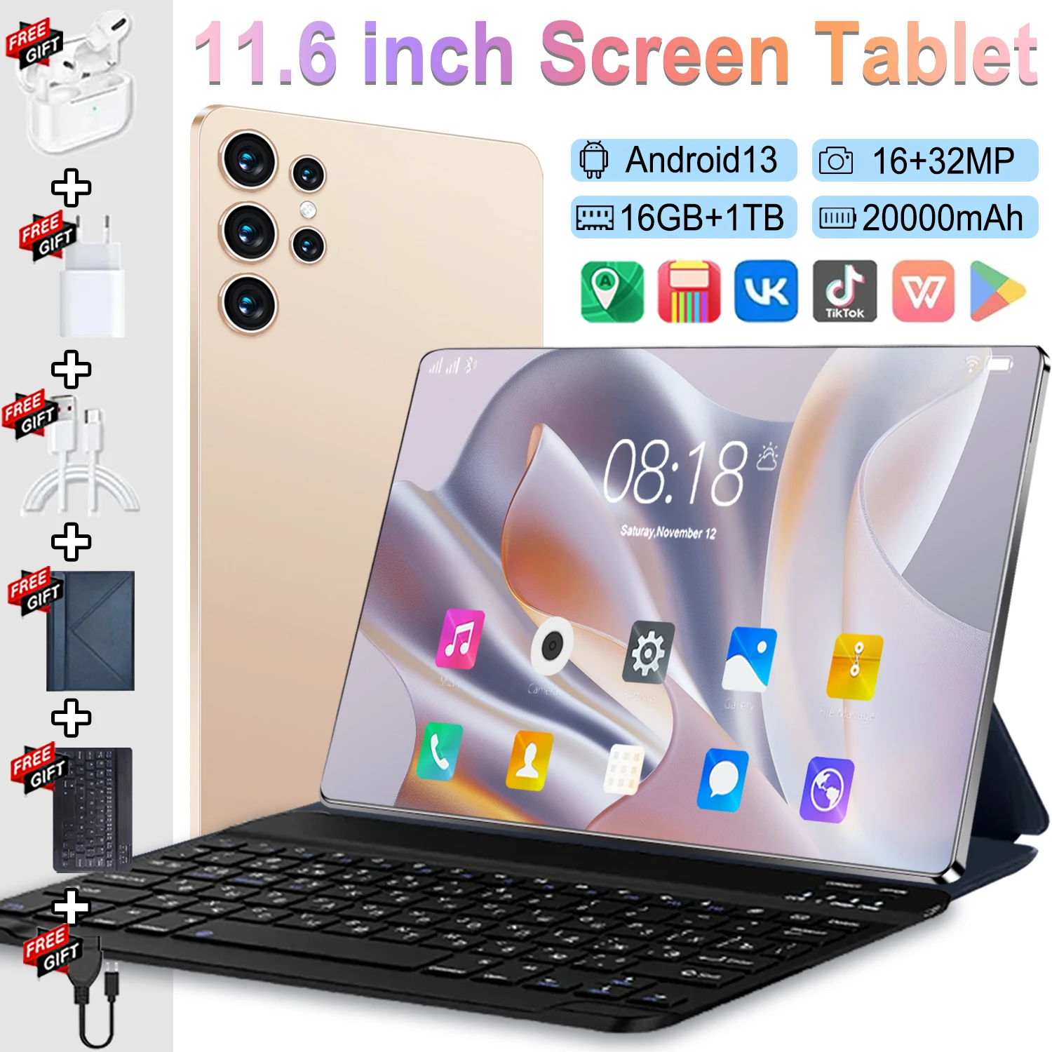 5G tablets android 2024 11.6 inch 16GB RAM 1TB ROM Android 13.0 20000mAh Wifi 14 Core Tablets PC 4G Network Global