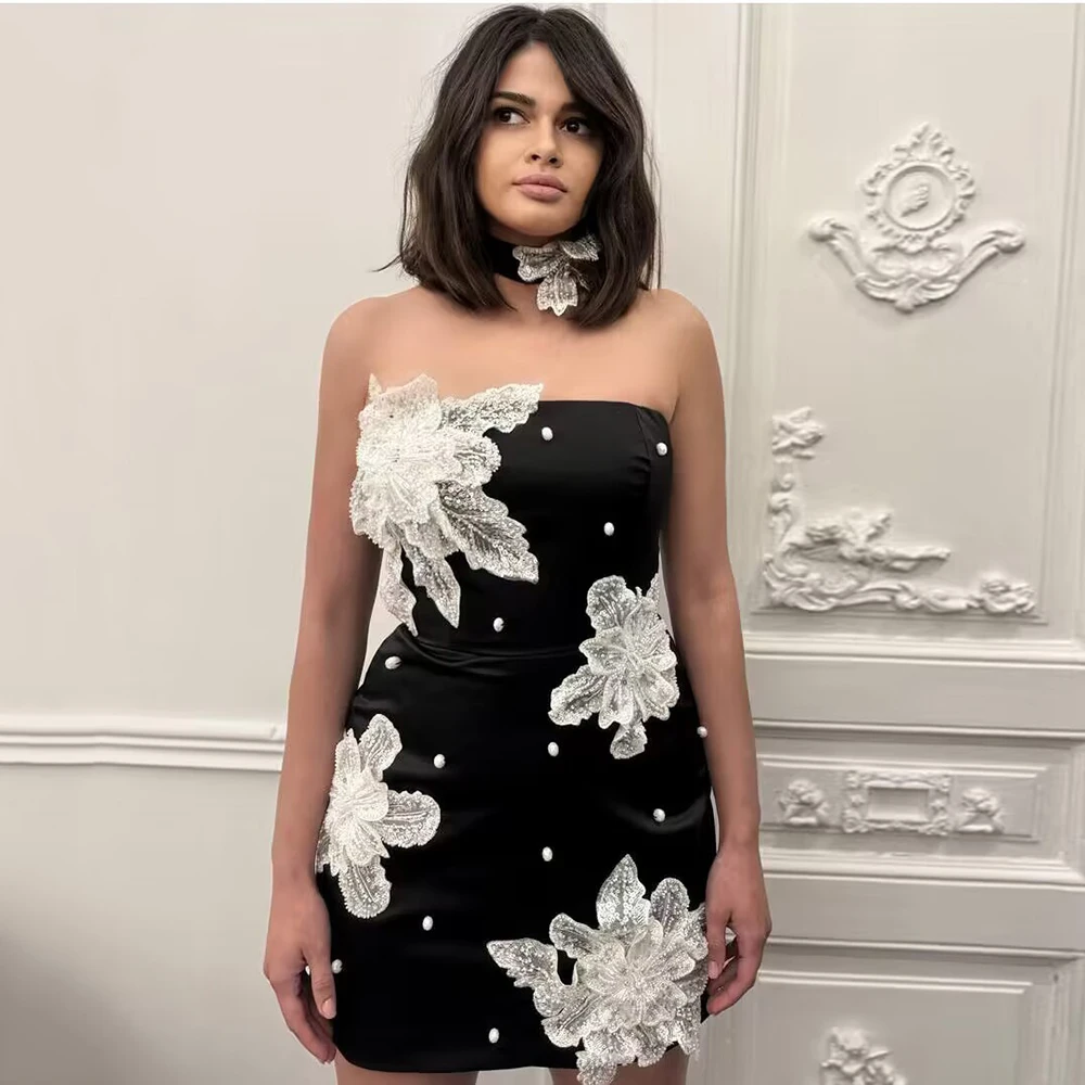 2024 New Women's Black Sexy Strapless White 3D Flower Detail Tight Mini Dress Elegant Party Dress