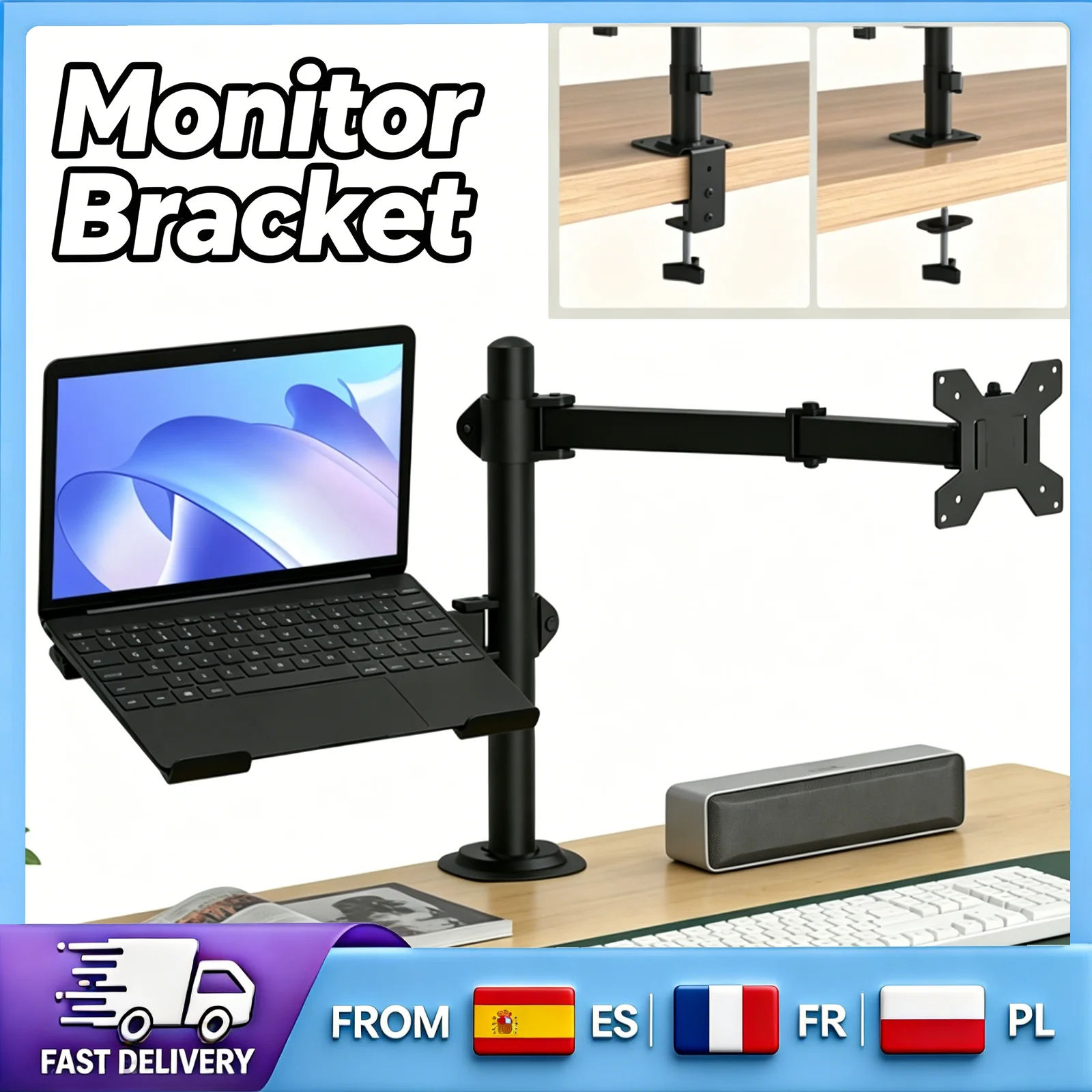 Soporte de monitor con abrazadera ±90 °   Soporte de Monitor Giratorio de Acero Laminado en Frío, Soporte Ergonómico para Escritorio, Compatible con Pantallas de 13-27 Pulgadas, Carga de 8 kg, para Oficina