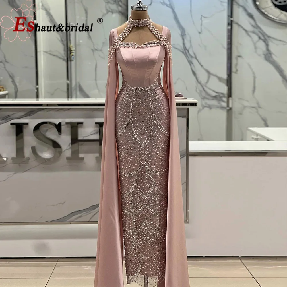 

Luxury Arabic Pearls Mermaid Evening Dress with Cape Sleeves 2025 Elegant Long Formal Prom Wedding Party Gown Customized
