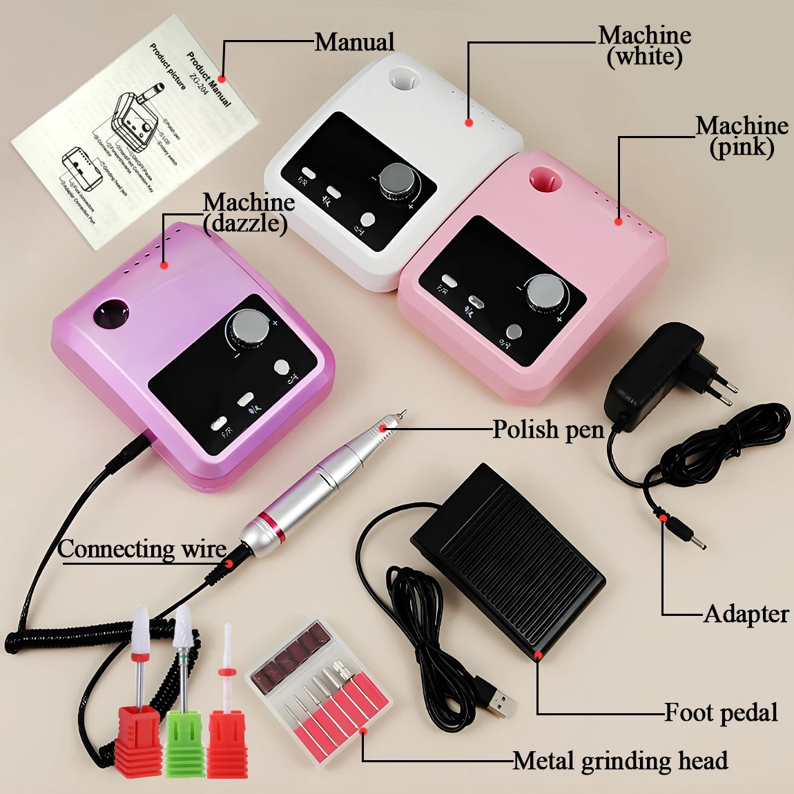Nuovo set di trapani elettrici professionali per unghie da 45000 giri/min con punte da trapano per unghie da 3 pezzi per lucidatura e lucidatura delle unghie in gel