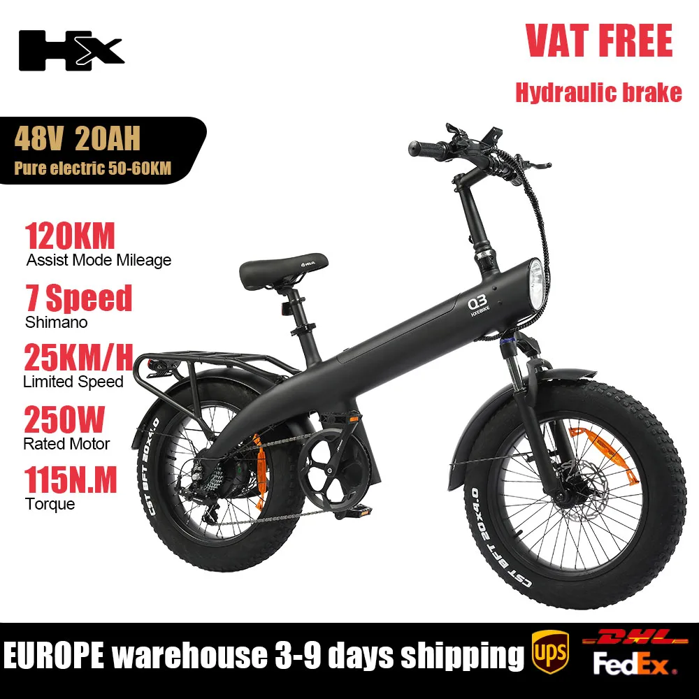 HX Q3 250W elektrische fiets voor volwassenen, 25 km/u, beperkte snelheid, 48V 20Ah uitneembare accu, 20×4.0 dikke banden, vracht-e-bike, 115Nm hoog koppel, hydraulische schijfremmen, 7-versnellings