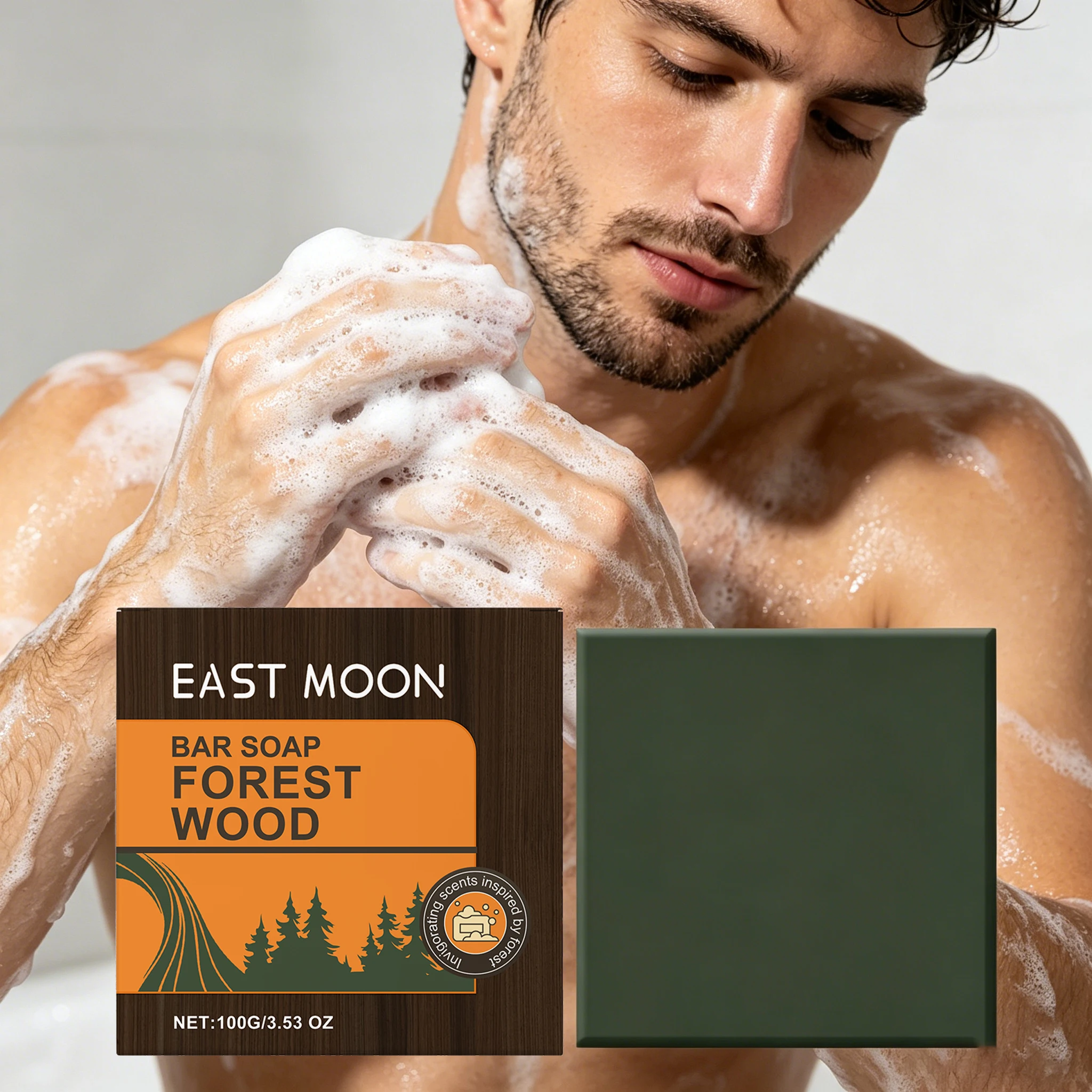 Jabón Corporal para Hombre Woody de 100g, Refrescante, Control de Grasa, Fragancia Natural Duradera, Hidratante, No Reseca, Jabón Artesanal en Barra