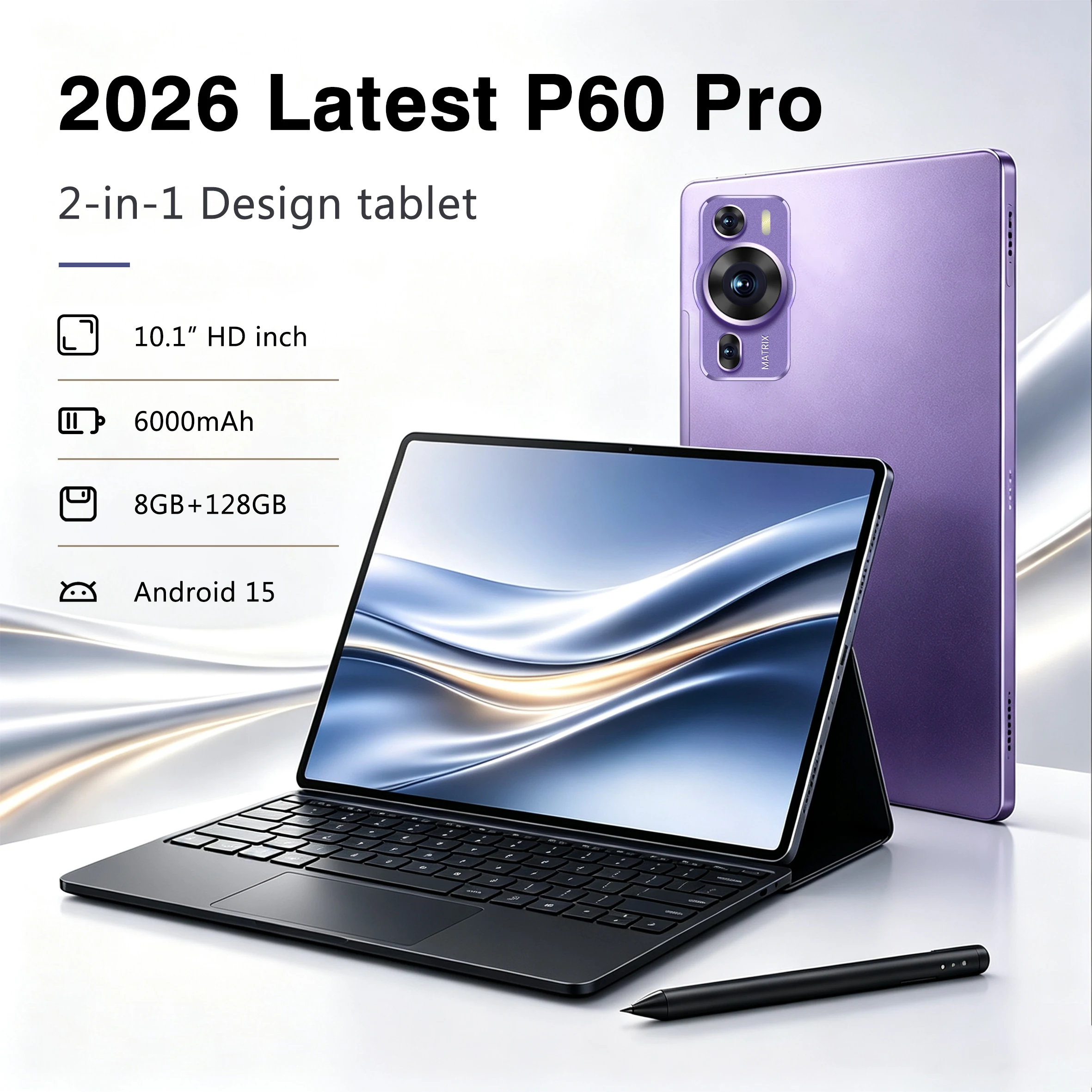 Android 15 10.1 Inch Tablet Latest Model with 8GB RAM + 128GB Storage 6000mAh Battery 2-in-1 Design Keyboard Case Touch Pen Com