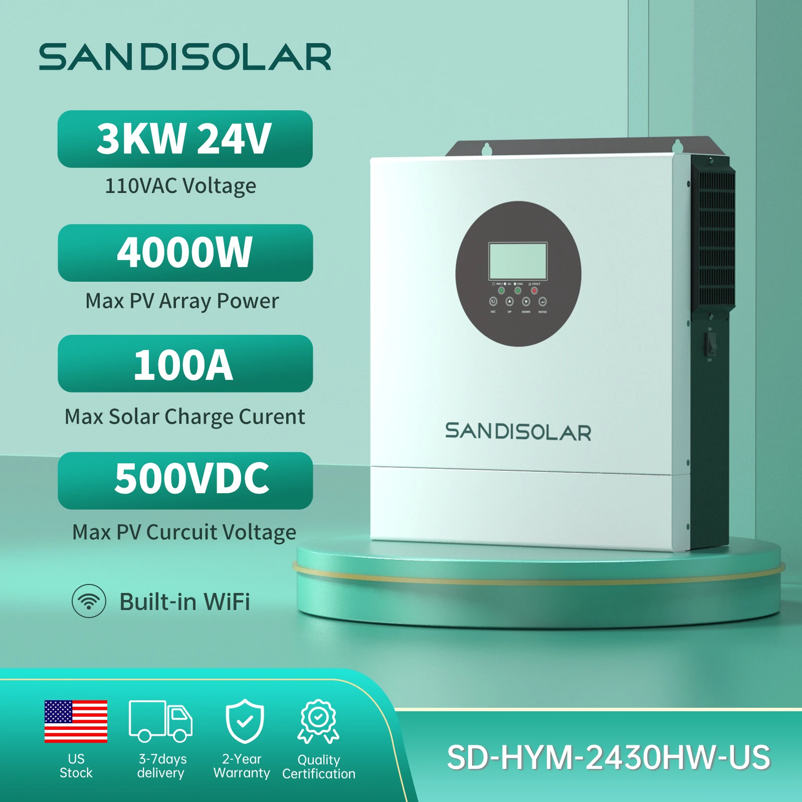 

Солнечный инвертор SANDISOLAR 3000W/3KW 24V 110V с MPPT 100A 500VDC, автономный, чистая синусоида, с портом для солнечного зарядного устройства и сухим контактом