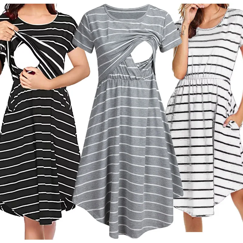 

Summer Maternity Striped Dresses Pregnant Women Pajamas Multifunctional Mother Breastfeeding Dress Premama Baby Shower Clothes