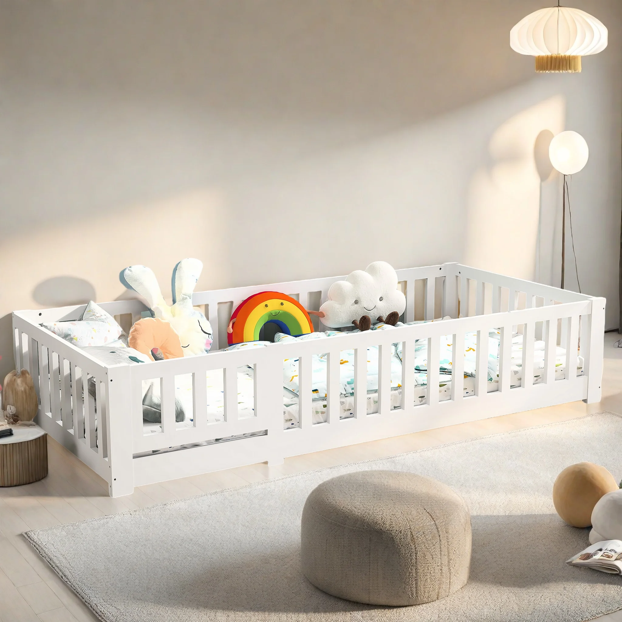 Picture 4: Superaly Children's Bed 90x200cm,Floor Bed with Fall Protection & Slatted Frame,Single Bed,Wood Bed Frame,Bed Cot,White