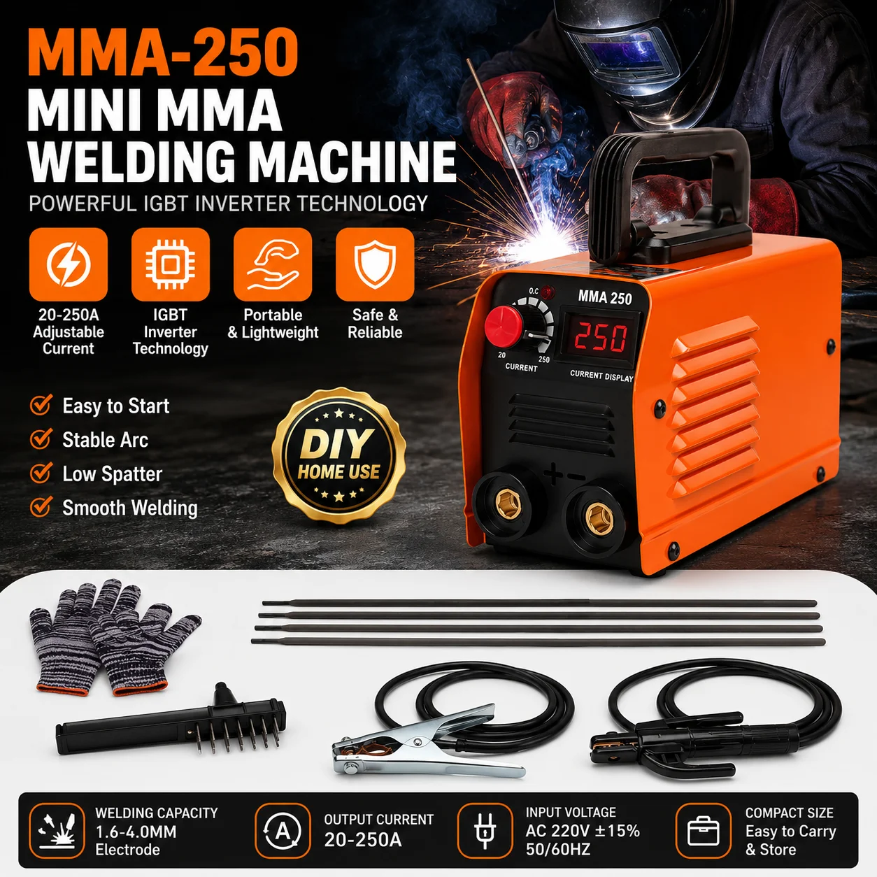 Mini machine à souder à l'arc 20-250A, kit de soudeuse à l'arc IGBT MMA-250, machine à souder électrique portable pour usage domestique