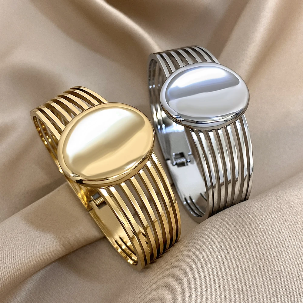 Multilayer Hollow Out Stainless Steel Wide Open Bangles for Women Geometric Large Round Spring Bangles Cuff Bracelet Wristband