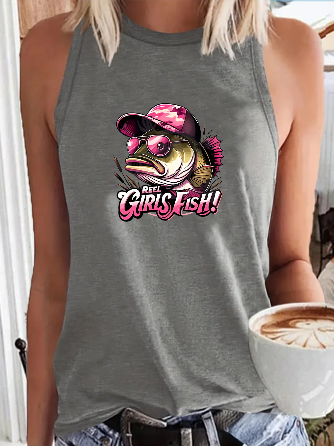 Reel Girls Fish  Fishing Picnic  Outdoor Activities Fashion Funny Sports Women's Tank Top Loose O Neck Sleeveless Casual Tank