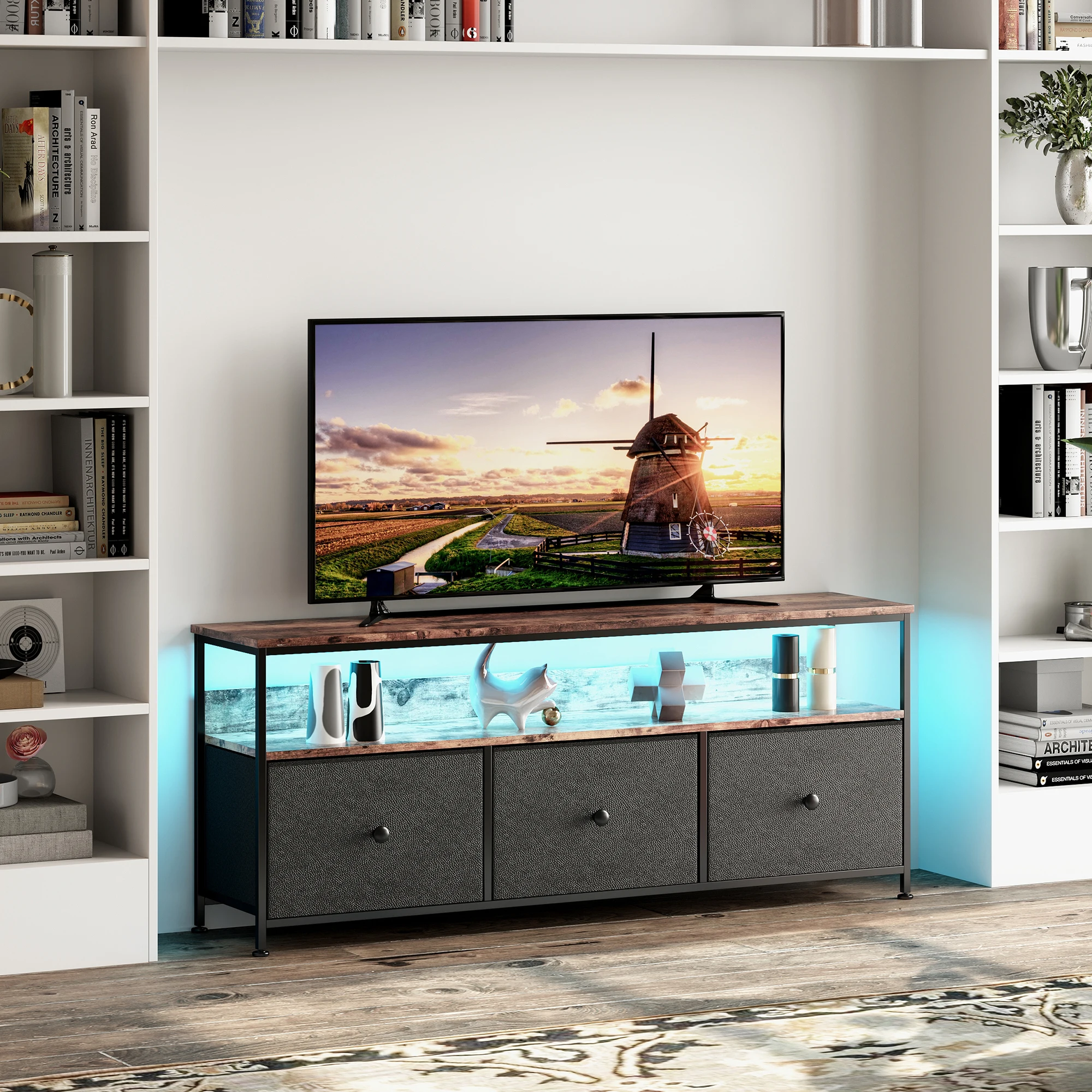 Anajqaqia Mobile TV moderno 108x30x57 cm, mobiletto con 3 cassetti, supporto TV e vano portaoggetti aperto, console multimediale per soggiorno e camera da letto