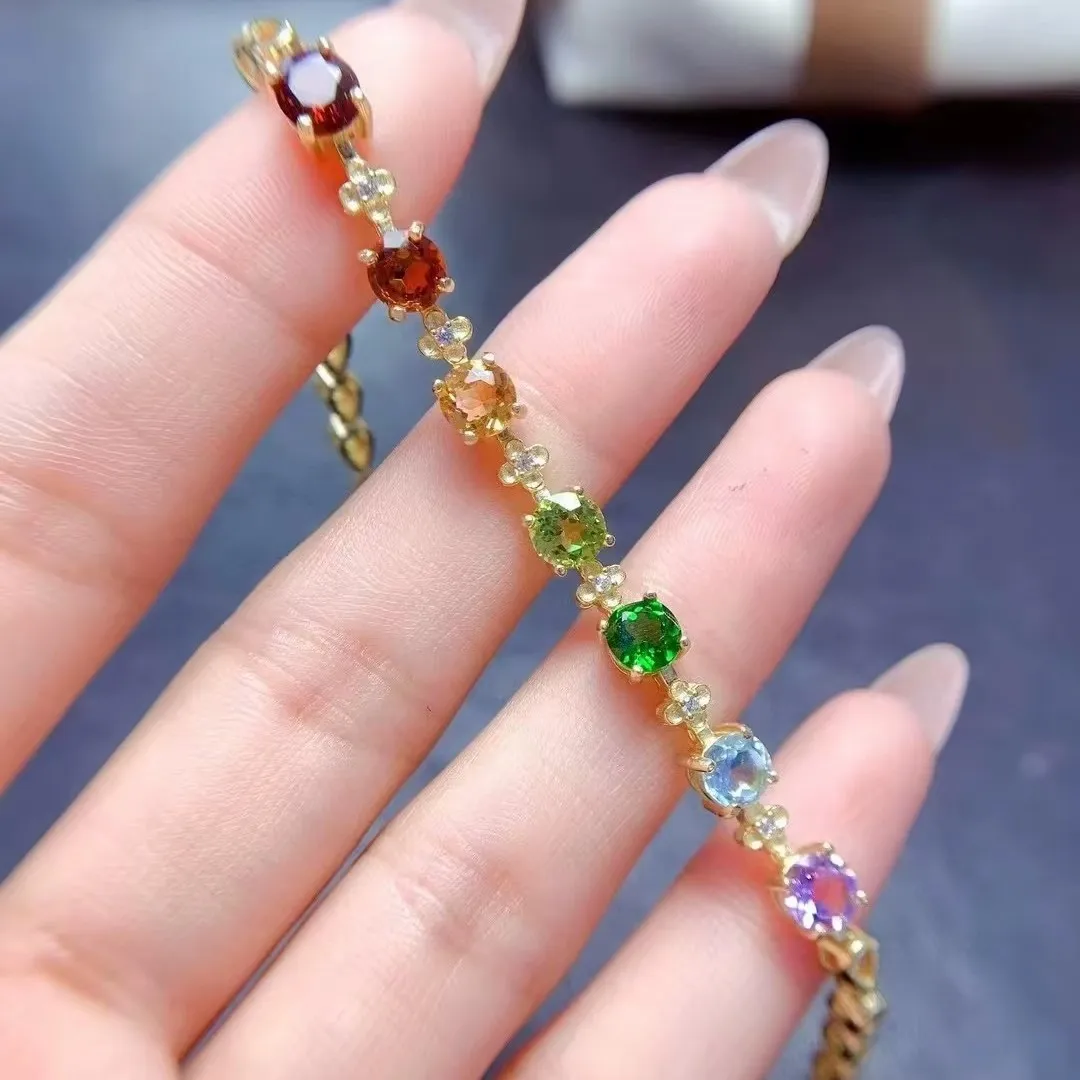 Boutique Jewelry Women's Bracelet 925 Pure Silver Natural Tourmaline Translucent GemsElectroplated 18K gold party birthday gift
