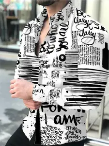 Vintage Nadia Men's Black and White Button fashion Down Newspaper Shirt