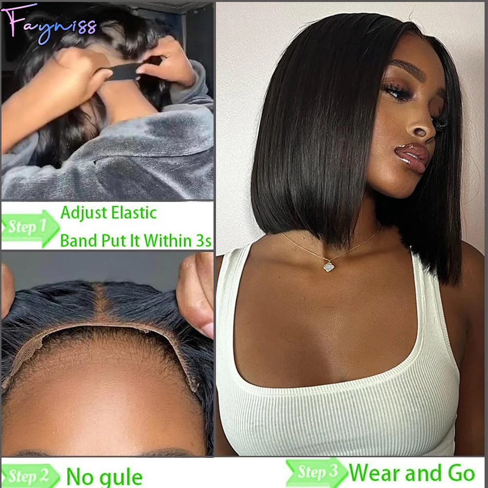 Fayniss Wear and Go Glueless Short Straight Bob Wig 4x4 Lace Closure Wigs Pre Plucked  Brazilian Human Hair with Baby Hair