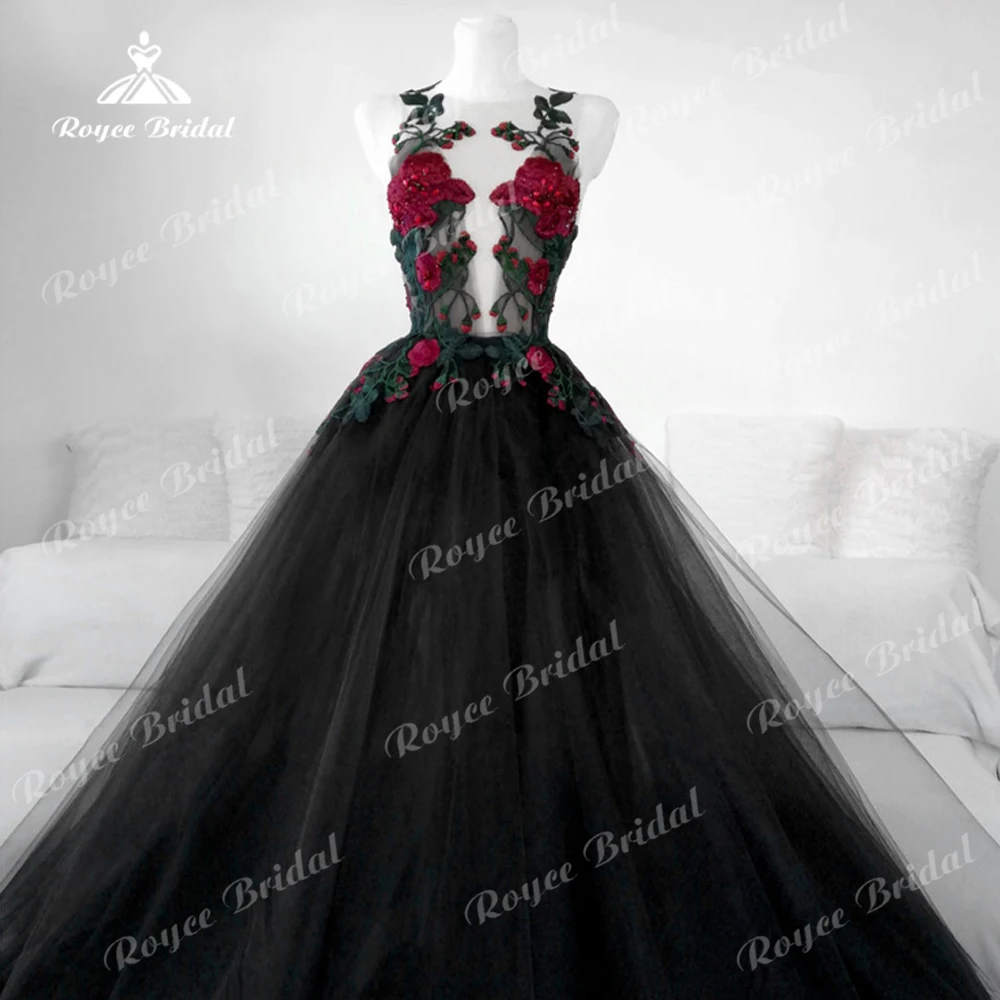 Gothic Black Sexy Red Green Appliques Open Back A Line Wedding Dress Custom For Women Bridal Gowns Sweep Vestidos De Novia Party