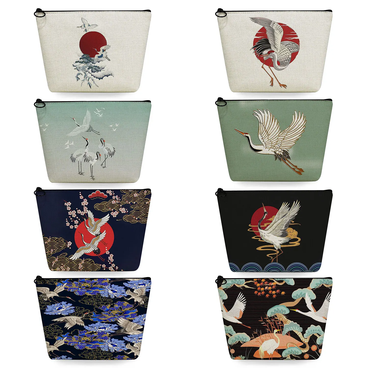 Customized Japanese Style Casual Travel Toiletry Bag FLoral Crane Printed Women's Cosmetic Bags High Quality Makeup Pencil Case