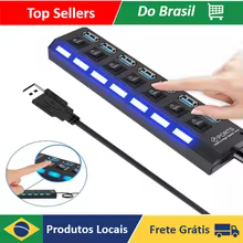 Hub USB 2.0 com 7 portas para pendrive externo, régua e extensão para PC.