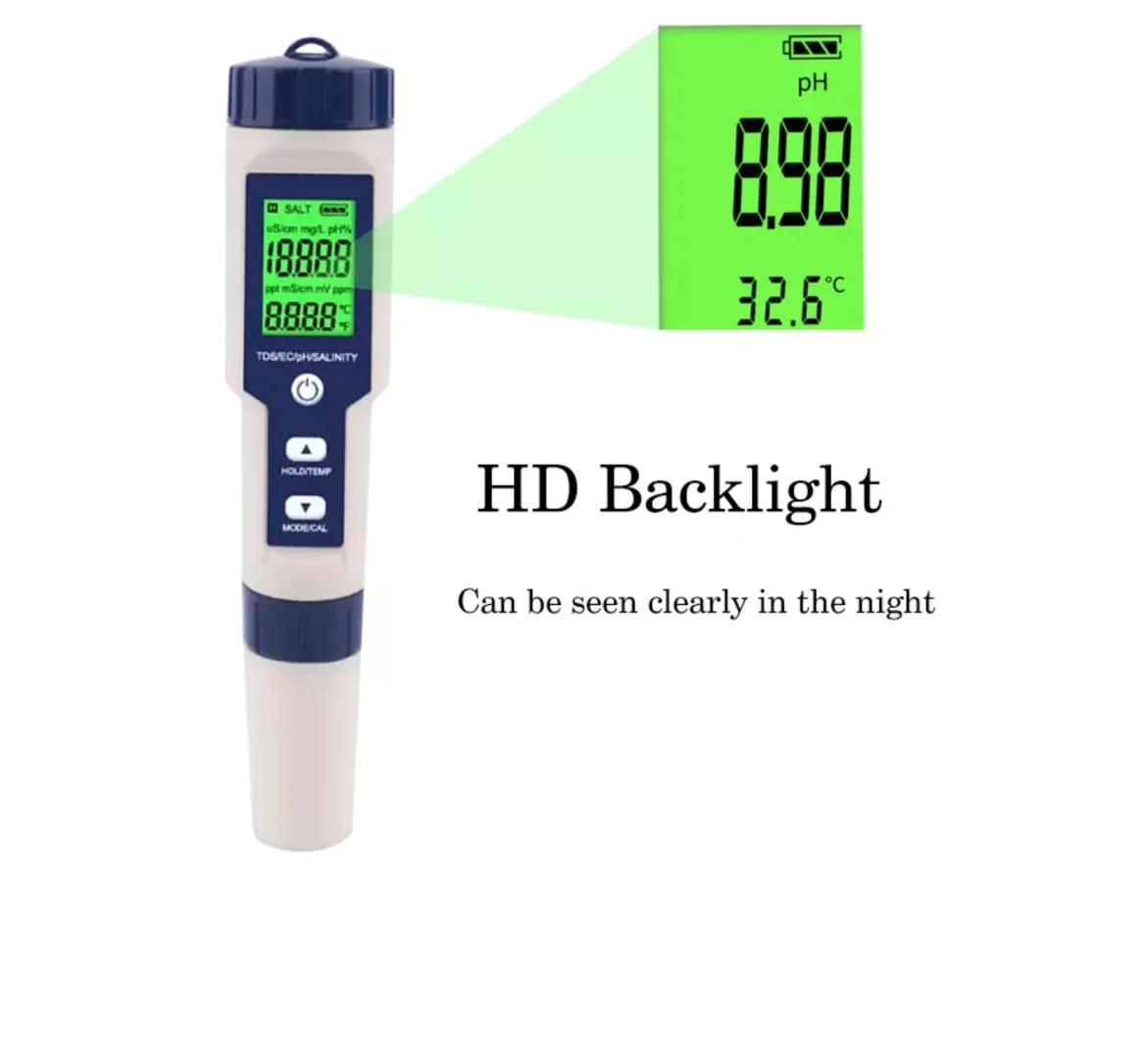 MarineColor PH Salinity TDS EC Temperature Meter Digital Water Quality 5 in 1 Monitor Tester Pen for Aquarium Plant Tank