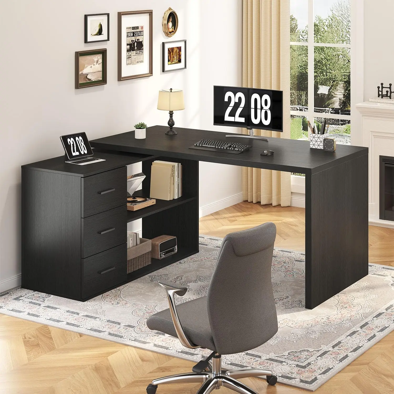 55-76 Inch Black Morden L Shaped Desk, Corner Desk with Storage Drawers Reversible Home Office Desk,Wood 360 Rotating Executive Coumputer Desk With Open Shelves,Long For Work,Study,Gaming
