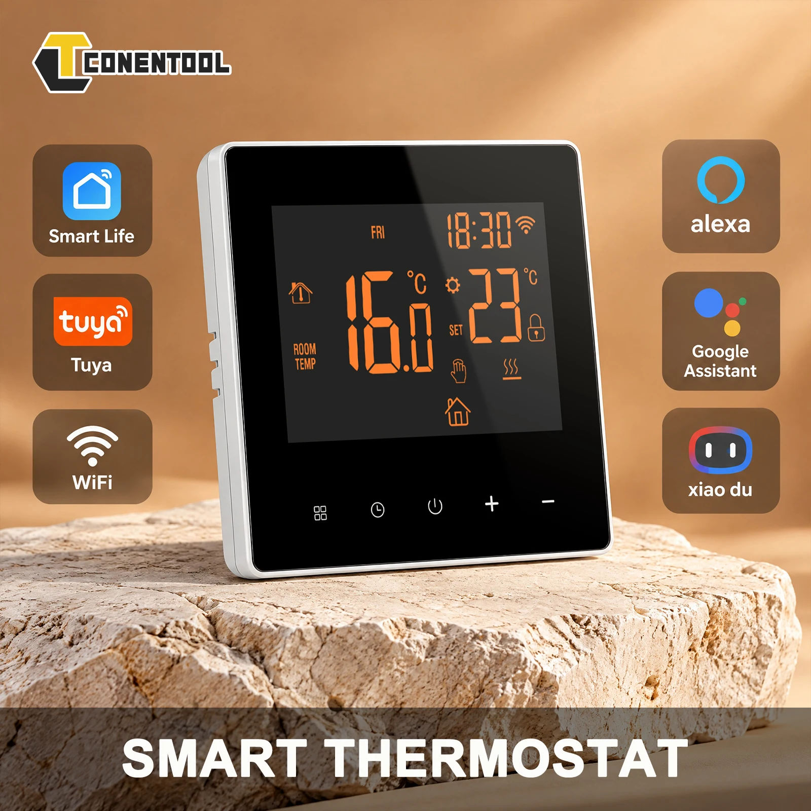 Conentool 16A, termostato intelligente Wi-Fi per riscaldamento elettrico a pavimento, controllabile tramite l’app Tuya Smart Life, dotato di schermo LCD a sfioramento, programmabile per 7 giorni con 6