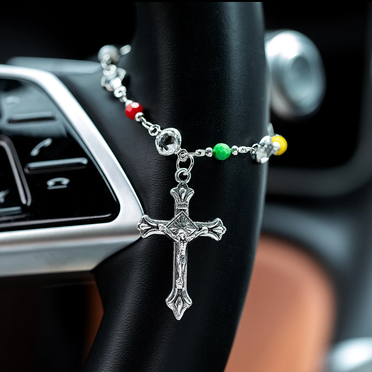 Two-in-one car ornament & bracelet: colorful bead rosary with Jesus cross for steering wheel, religious auto hanging decoration