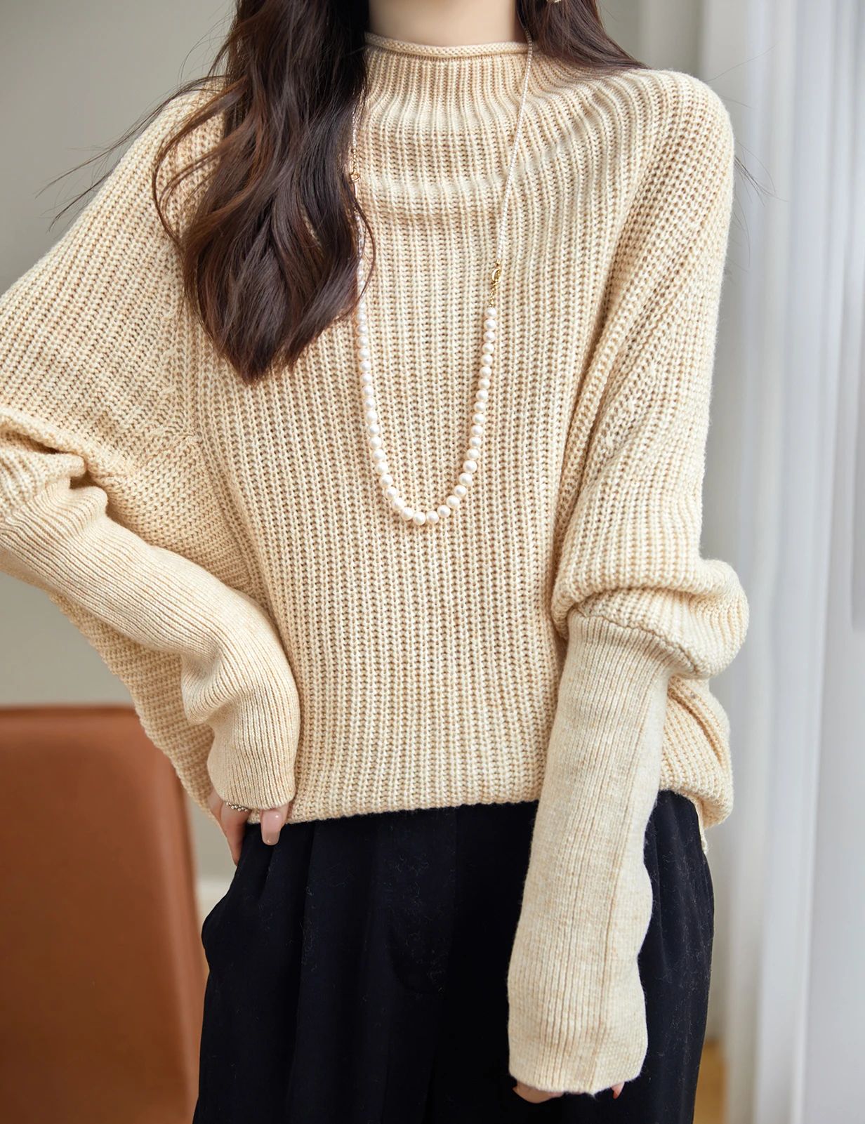 Sweater for Women\'s Merino Wool Pullover 2023 Fall Winter Oversized Sweaters Mock Neck Knitwear Batwing Long Sleeve Knit Jumpers