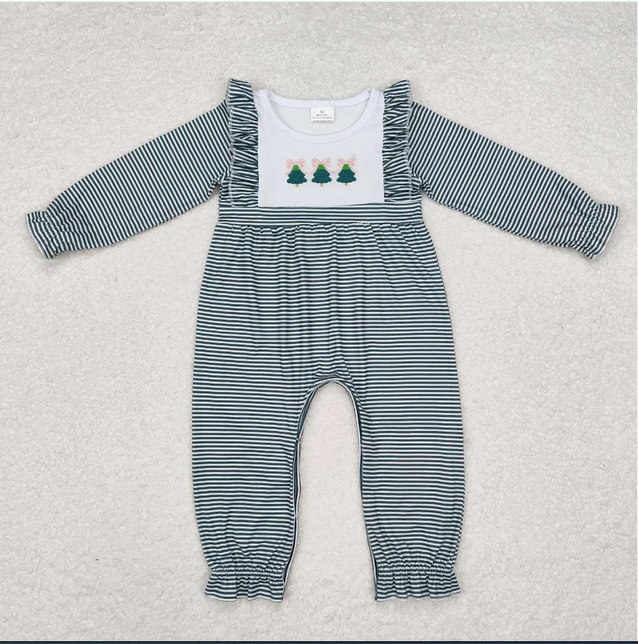 

Черно-белый рождественский комбинезон с длинными рукавами и бантиками в виде дерева и полосок с принтом для маленьких девочек