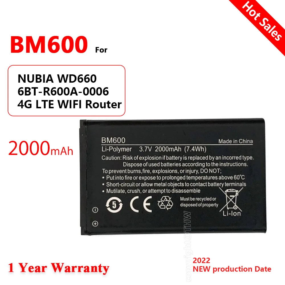 Original BM600 Replacement Battery for NUBIA WD660 6BT-R600A-0006 4G LTE Rechargeable Li-ion Battery 3.7V 7.4WH 2000mAh Batteria