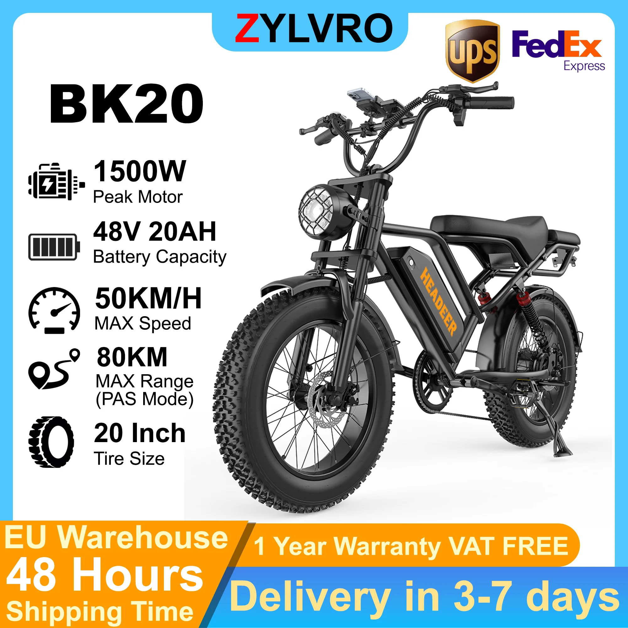 ZYLVRO BK20 Elektrofahrrad 1500W Motor 20" Fat Tire 48V 20Ah Lithium-Batterie 7-Gang-Doppelscheibenbremsen E-Bike Assist-Modus 80KM